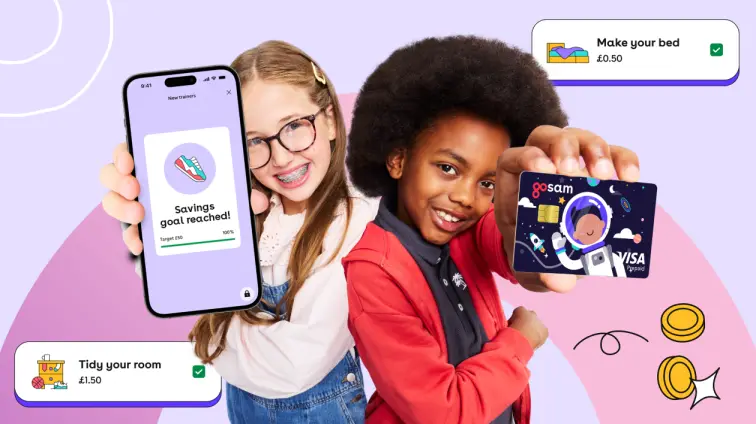 2 kids showing their bank card and banking app